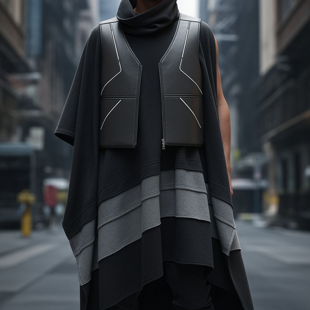 Cyberpunk Figure in Flowing Poncho and Structured Vest