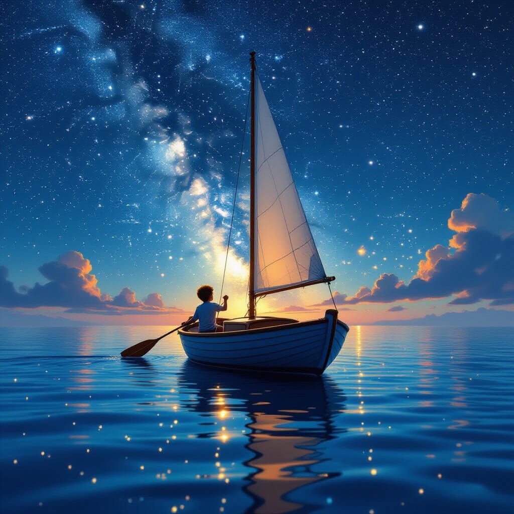 Sailboat on Milky Way in Detailed Matte Painting