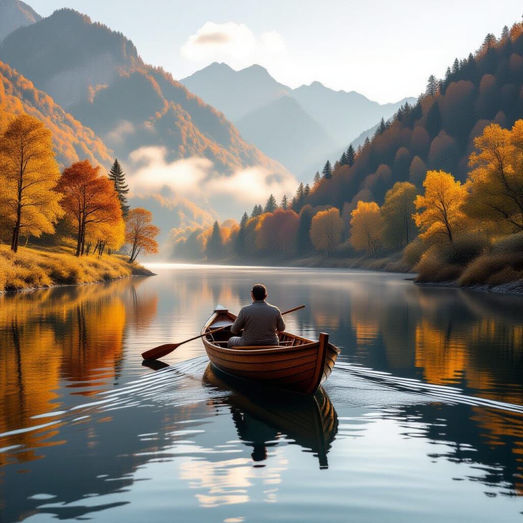 Serene Autumn River Valley with Lone Boat in Morning Mist
