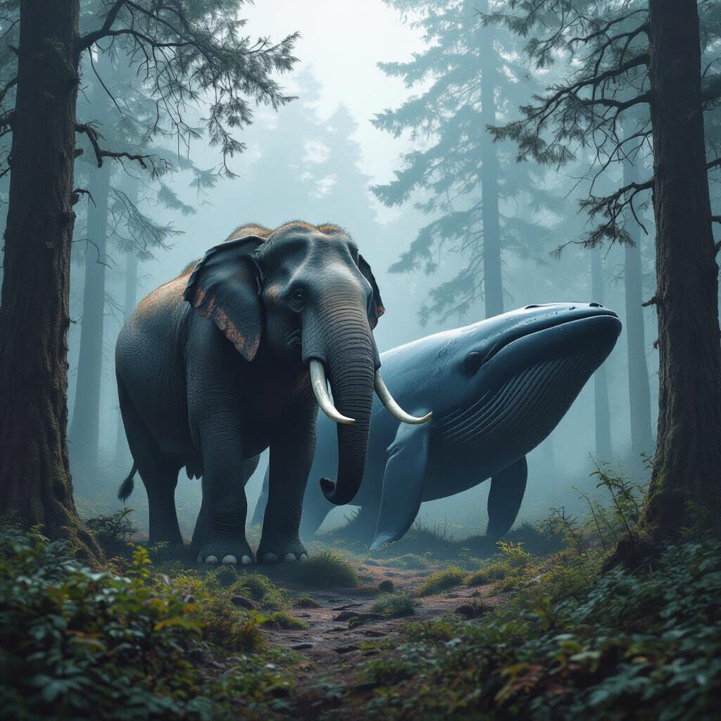 Elephant-Tiger-Whale Hybrid in Misty Forest, Fantasy Art
