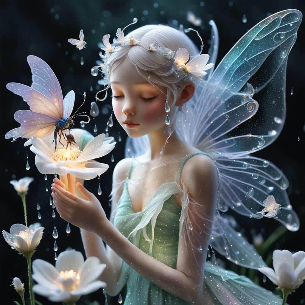 Luminous Fairy in Flower with Glittering Birds
