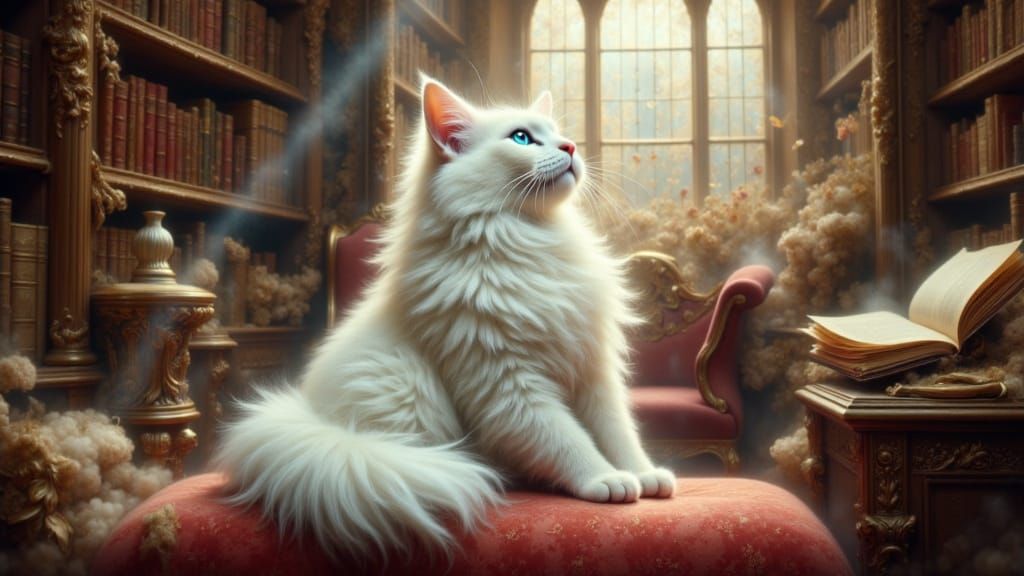 Fluffy Persian Cat in Victorian Library, Academic Art Style