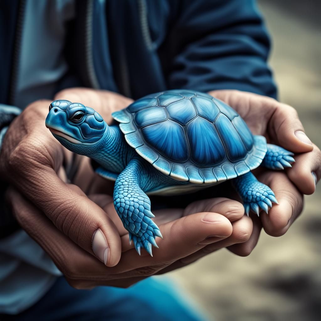 Man Holding a Cute Blue Turtle: Hyperrealistic Image