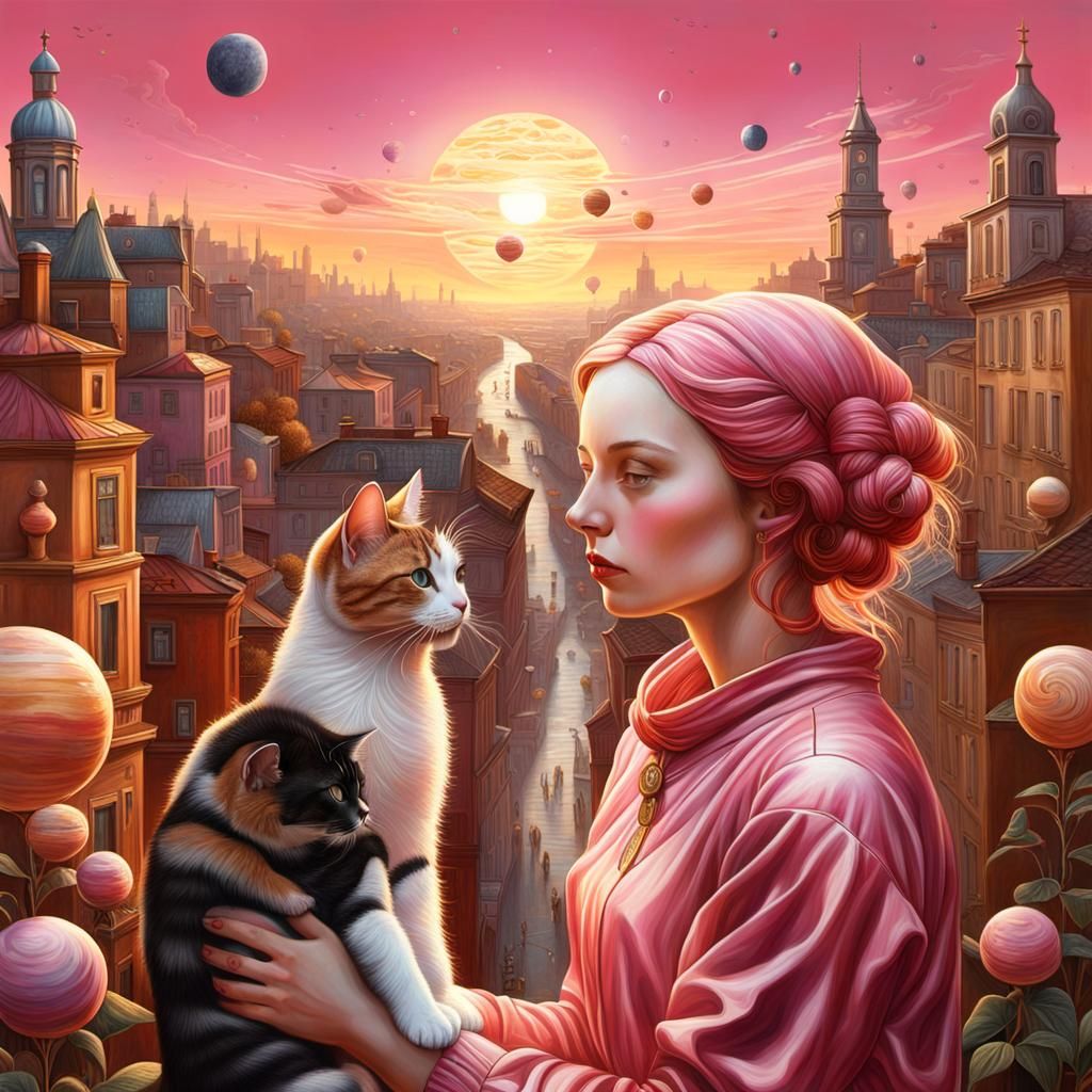 Pink Golden Woman with Cat in Cityscape
