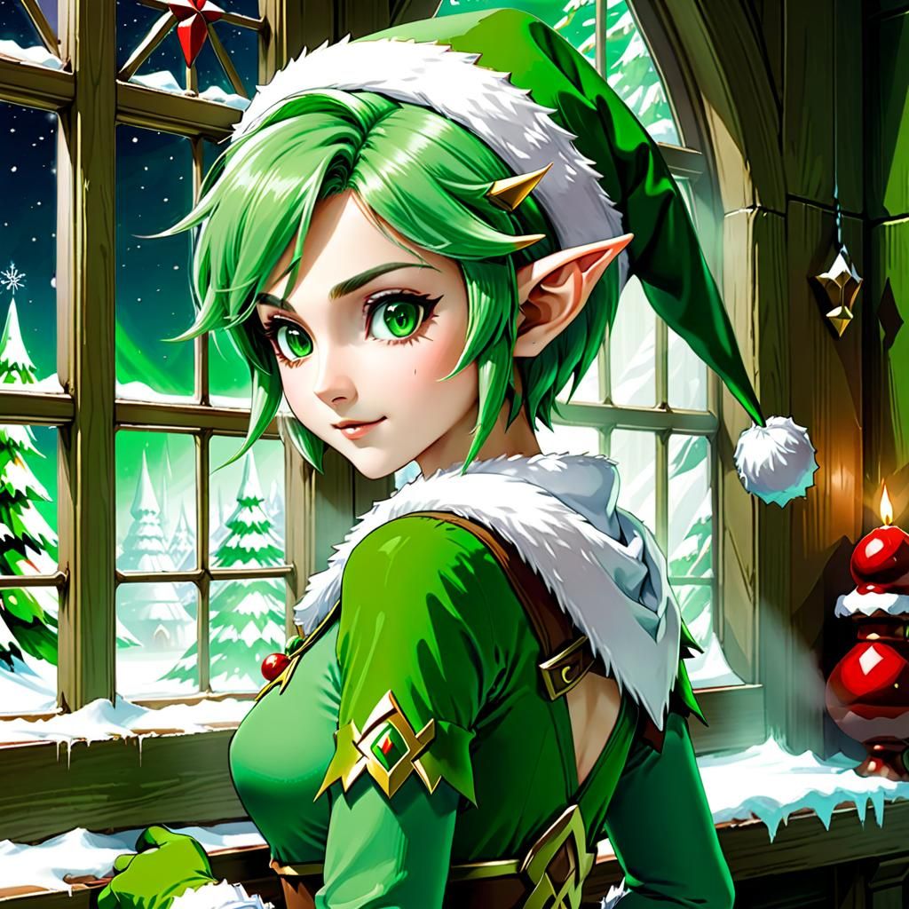 (Anime style beauty Saria from the legend of Zelda); wearing green elf outfit, short green hair; working Santa’s worksho...
