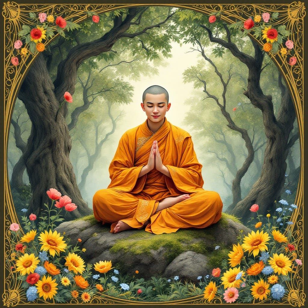 Ethereal Art Nouveau Watercolor of a Meditating Buddhist Mon...