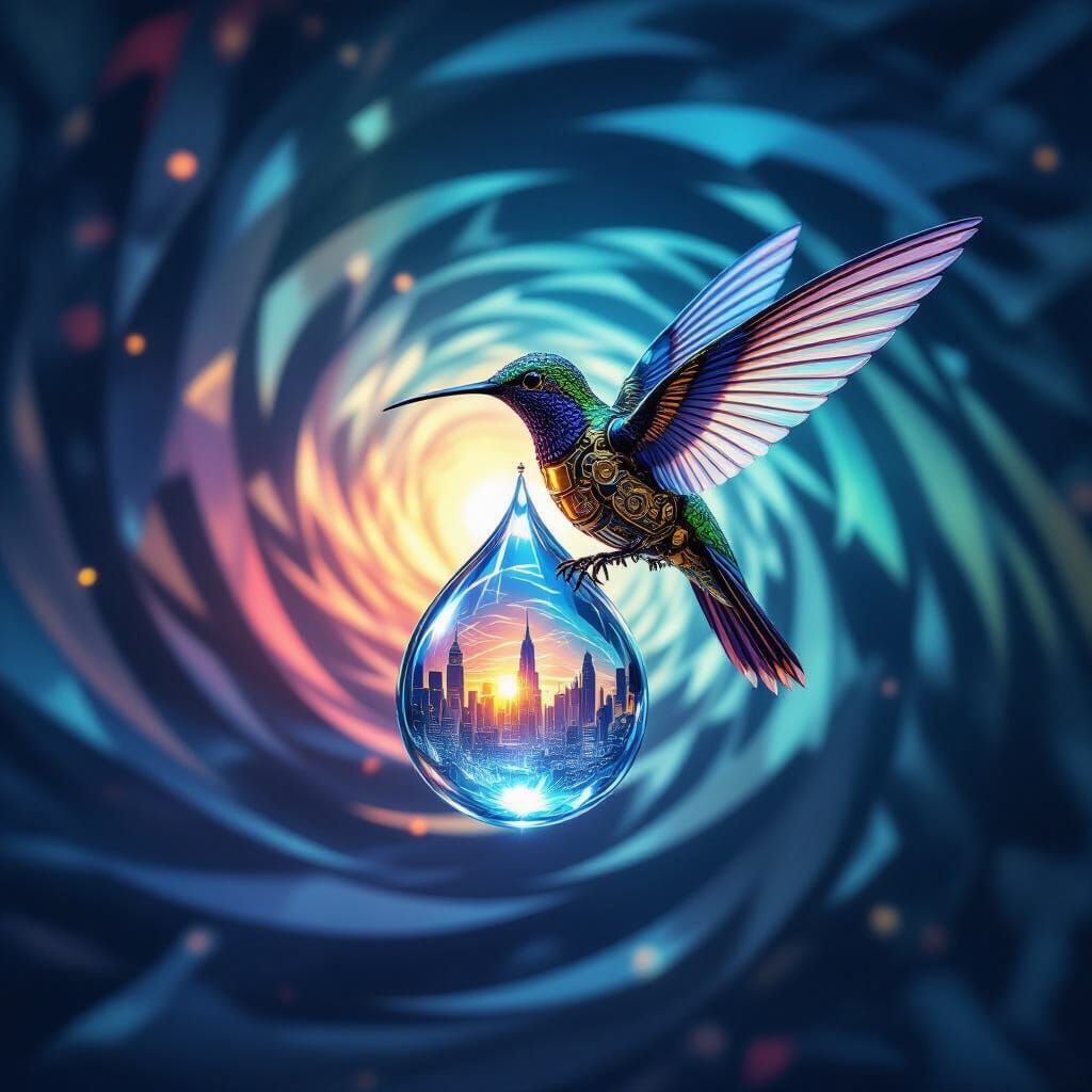 Clockwork Hummingbird Inspects Alien Dewdrop in Vortex