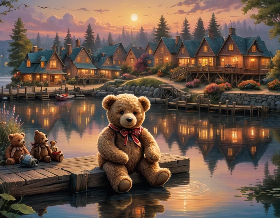 Teddy Bear Fishing at Sunset: Whimsical Fantasy Art