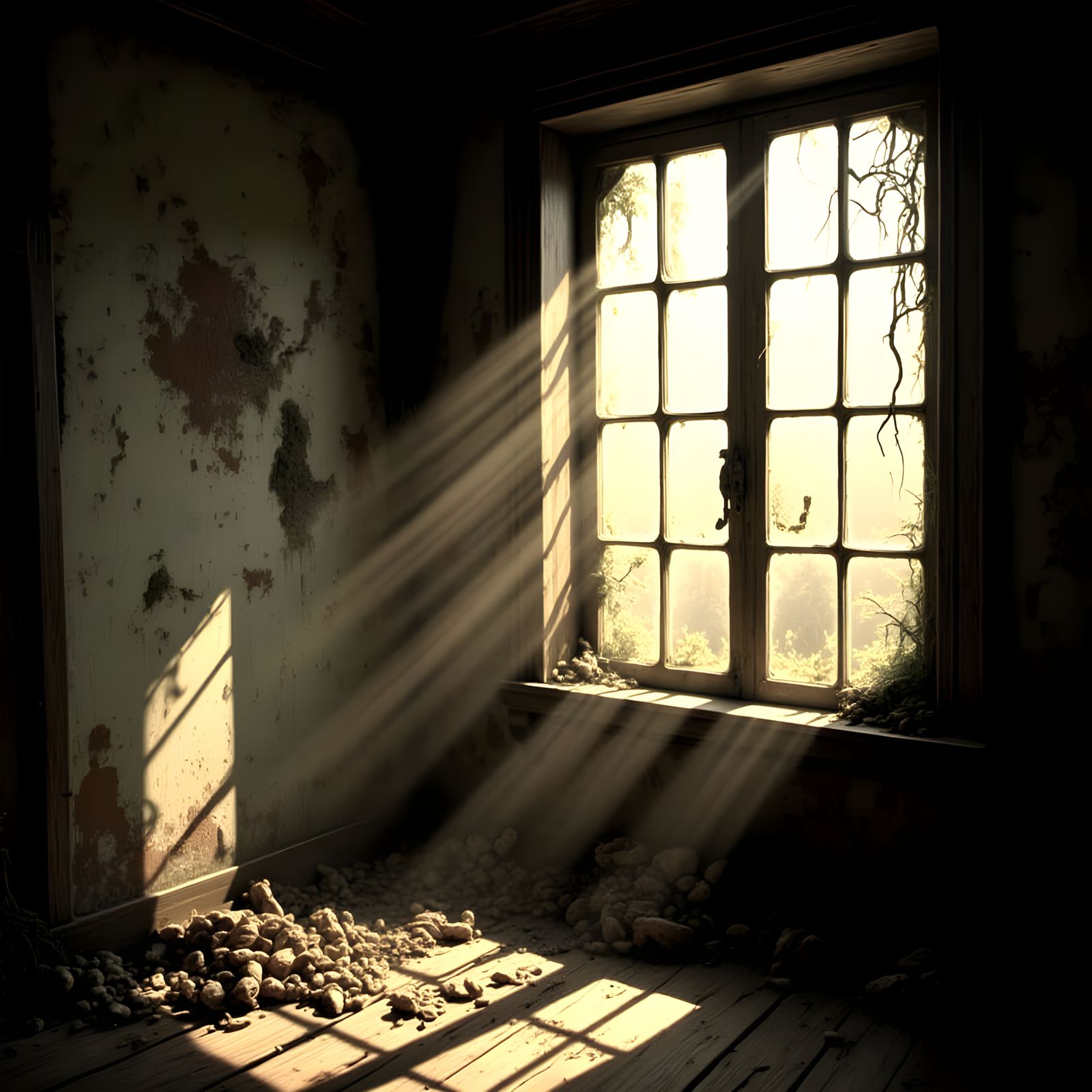 Dramatic Window Scene in Warm, Gloomy Lighting