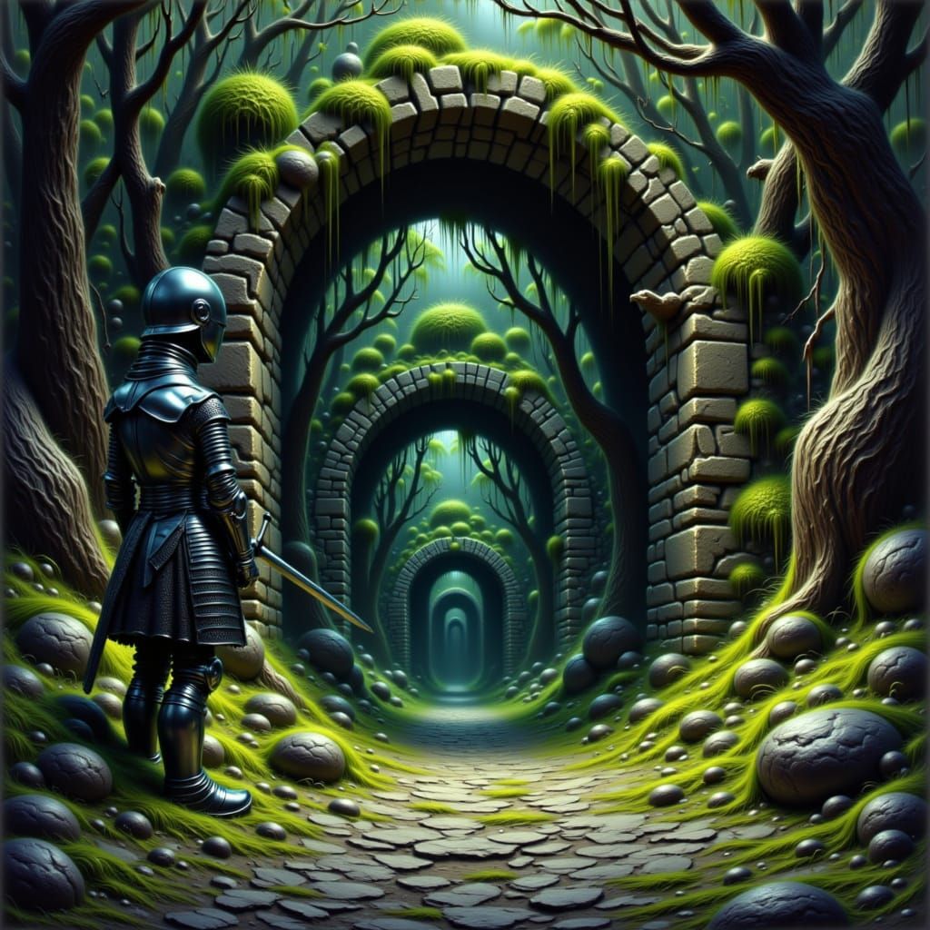 Knight at Ethereal Archway in Dark Fantasy Style