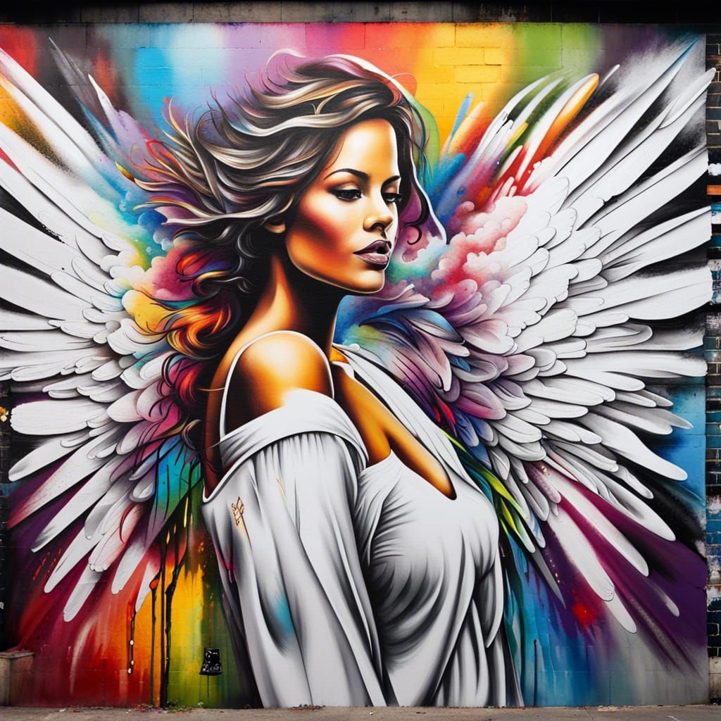 Colorful Graffiti Wings on Brick Wall