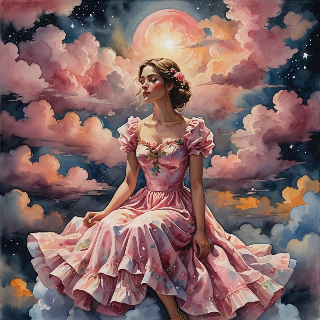 Girl on Cloud in Gouache Watercolor Style