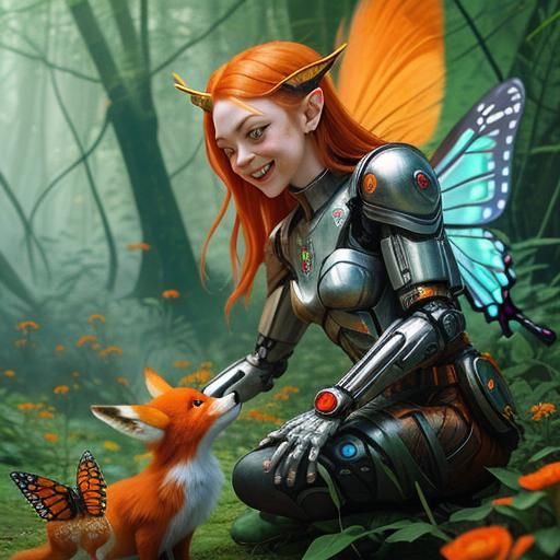 Cyborg Elf Goddess with Fox in Biopunk Forest