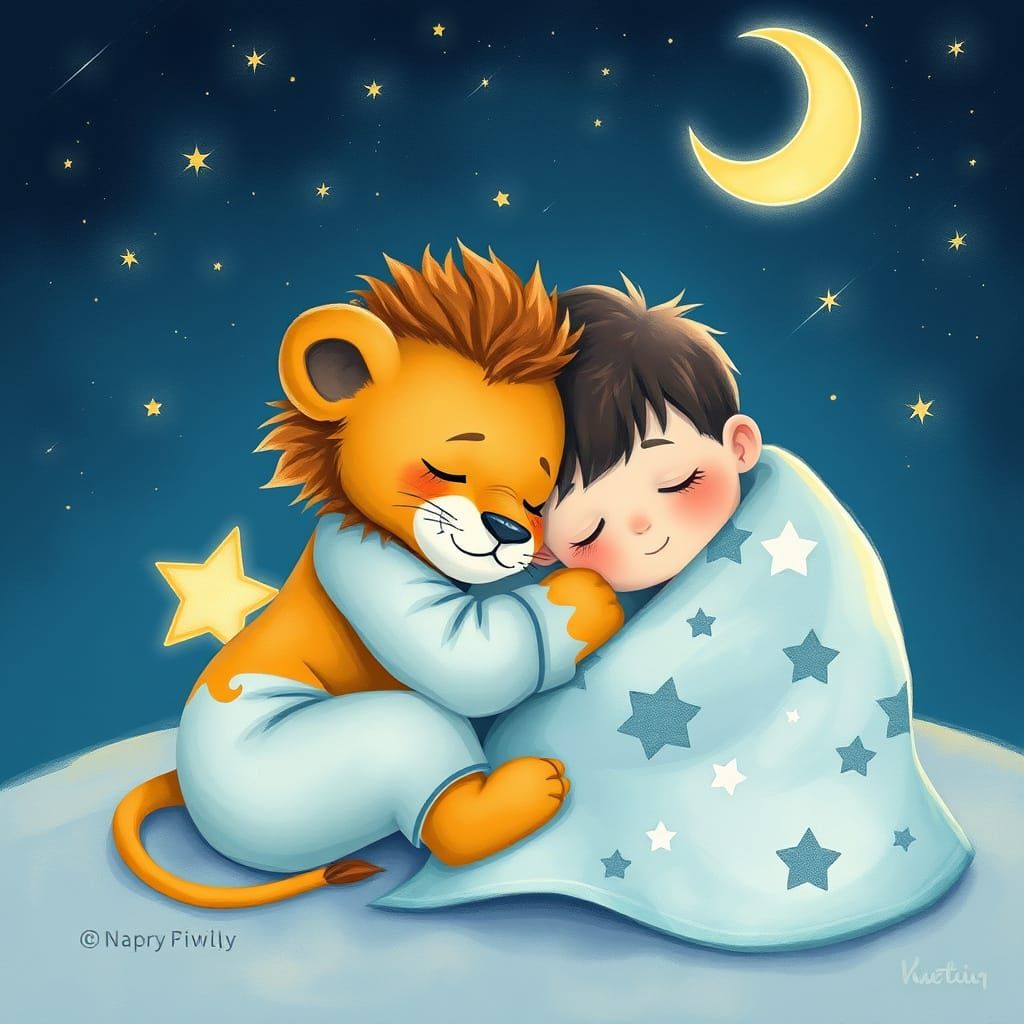 Lion Cub and Boy Asleep Under Starry Sky