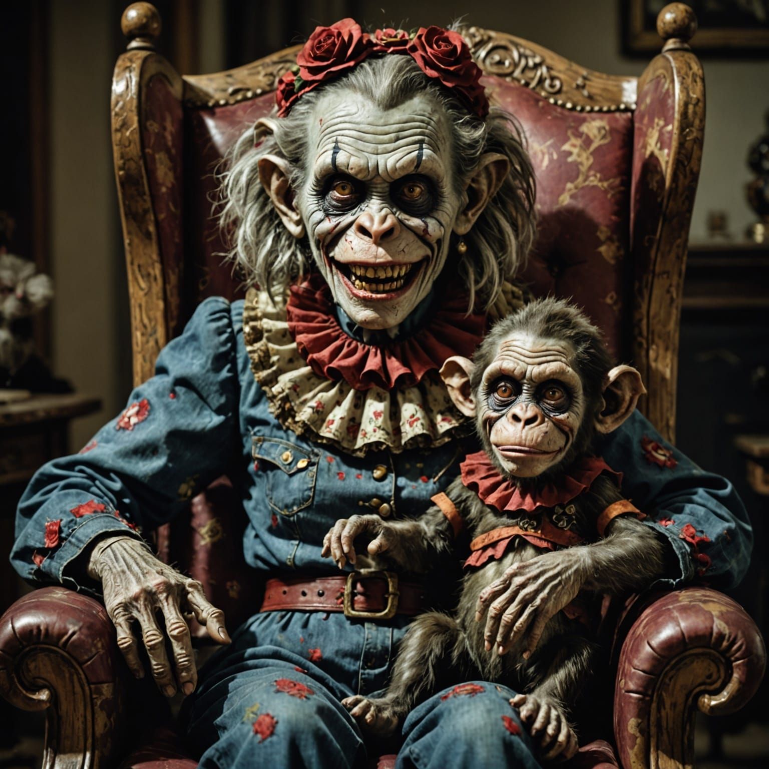 Elderly Zombie Monkey Monster Clown Woman in Rocking Chair