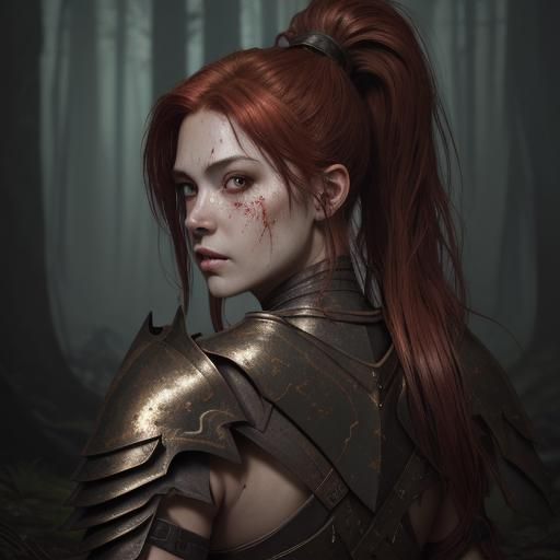 Gorgeous Battle Maiden in Dark Forest, Detailed Matte Painti...