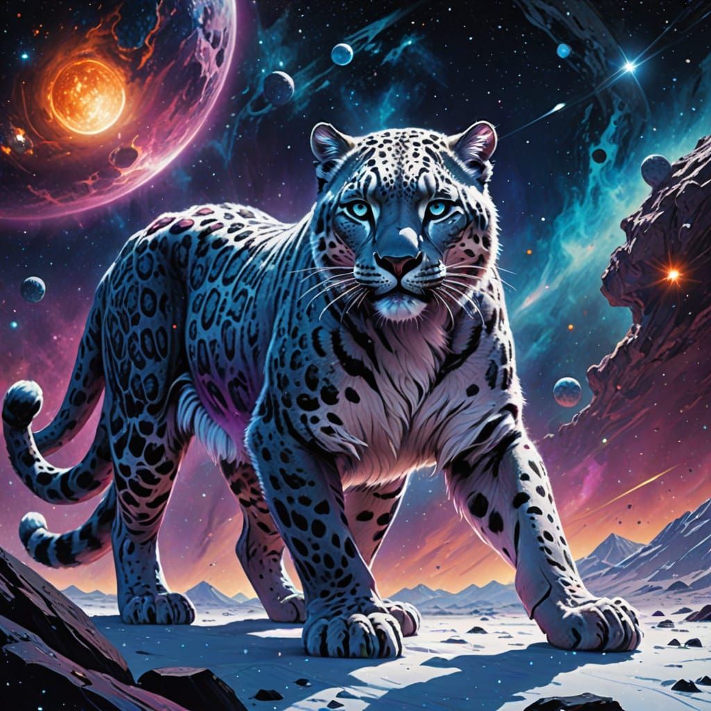 Cosmic Snow Leopard Amidst Swirling Galaxies