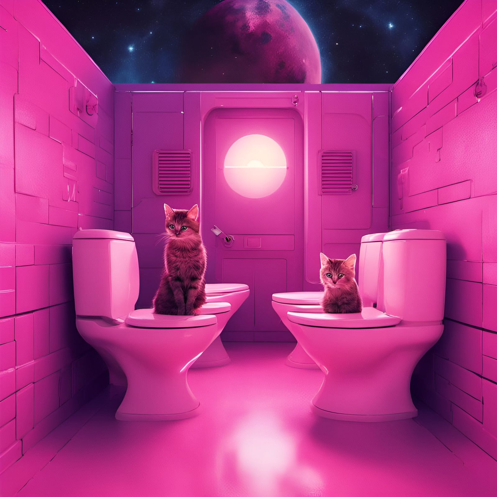 Synthwave Toilets Guarded by Kittens in Outer Space