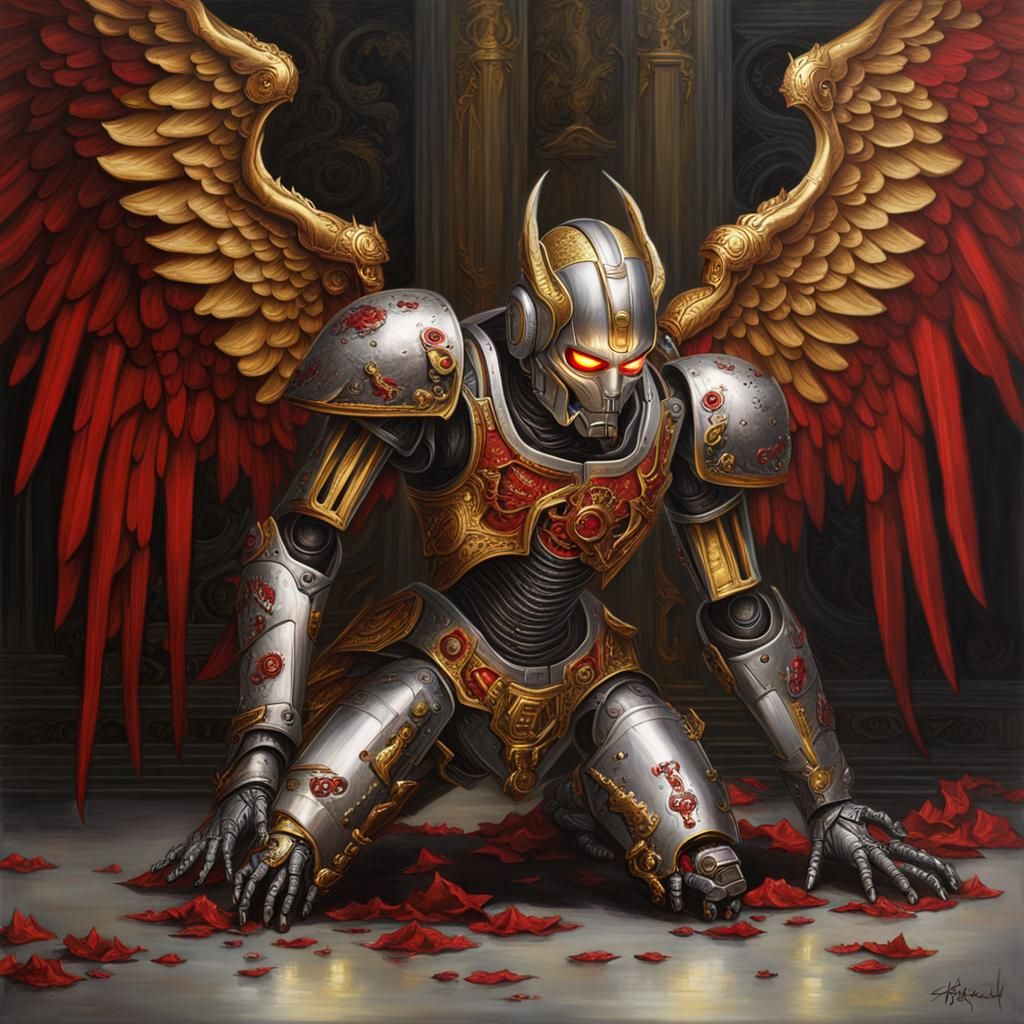 Fallen Robotic Angel's Descent: A Classical Oil Painting