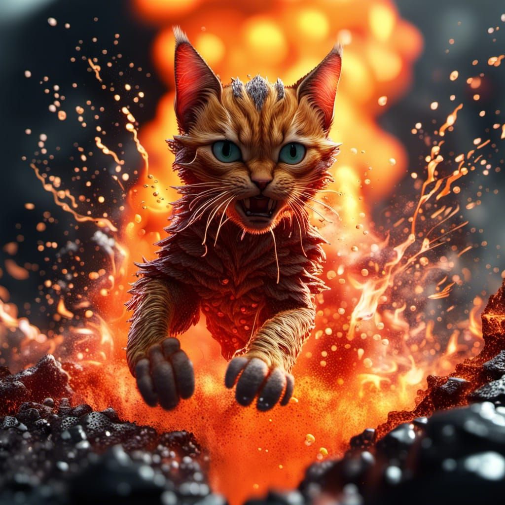 Hyperrealistic Fire Cat Leaping in Splashing Lava