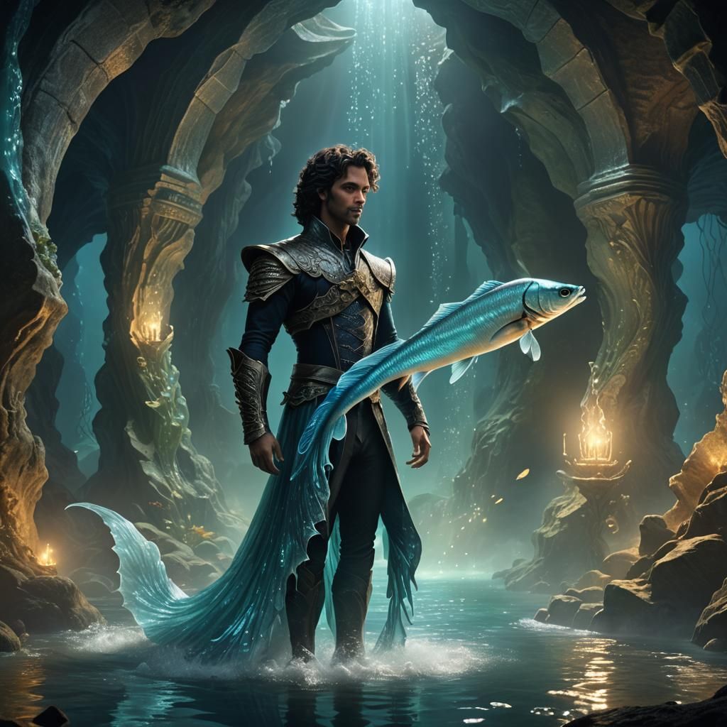 Merman Prince in Underwater Cavern: Digital Art