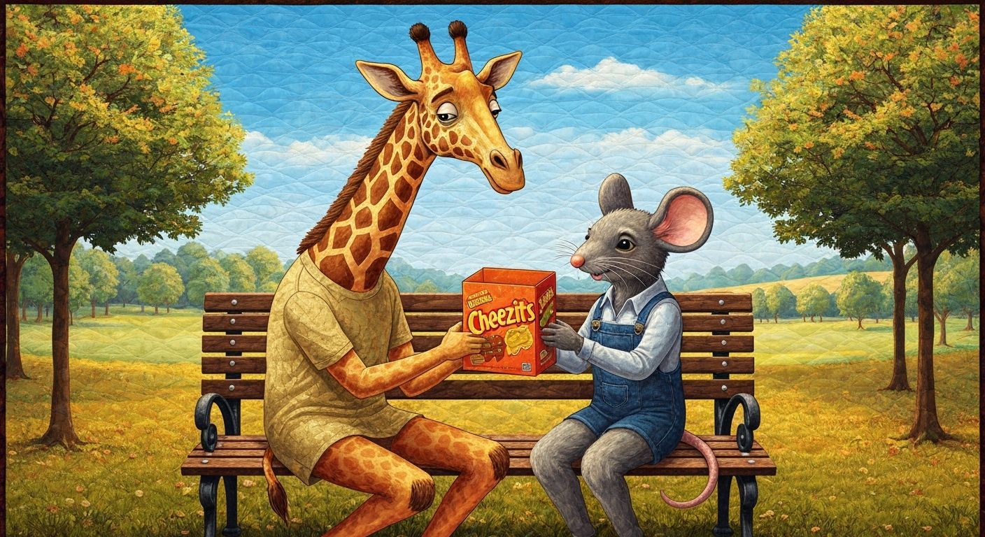 Quilted Art: Giraffe and Mouse Share Cheez-Its in Park