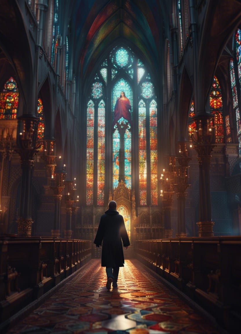 Gothic Cathedral Interior with Figure, Digital Art