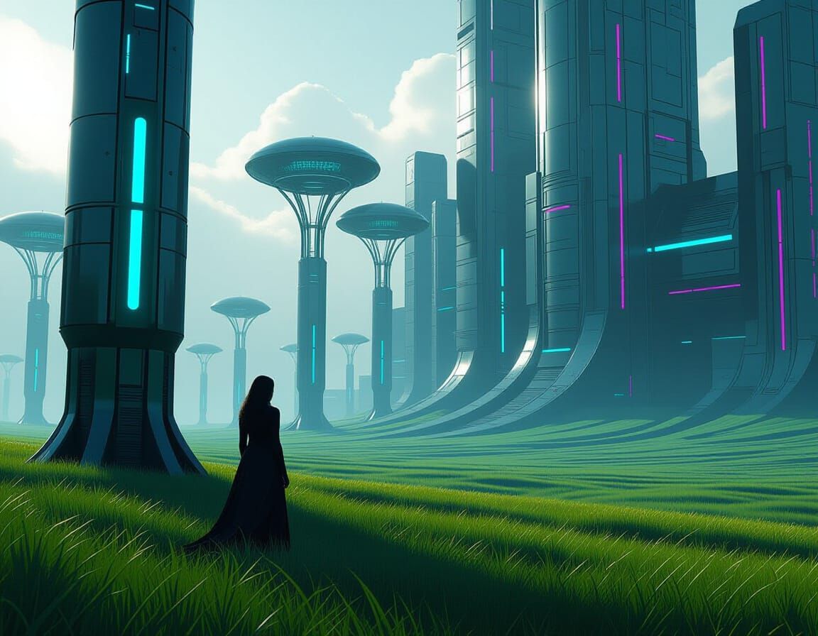 Cyberpunk Field with Glowing Trees and Neon Accents