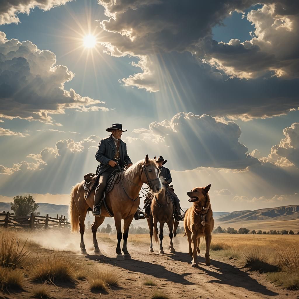 Gunslinger, Horse, and Dog in Divine Light