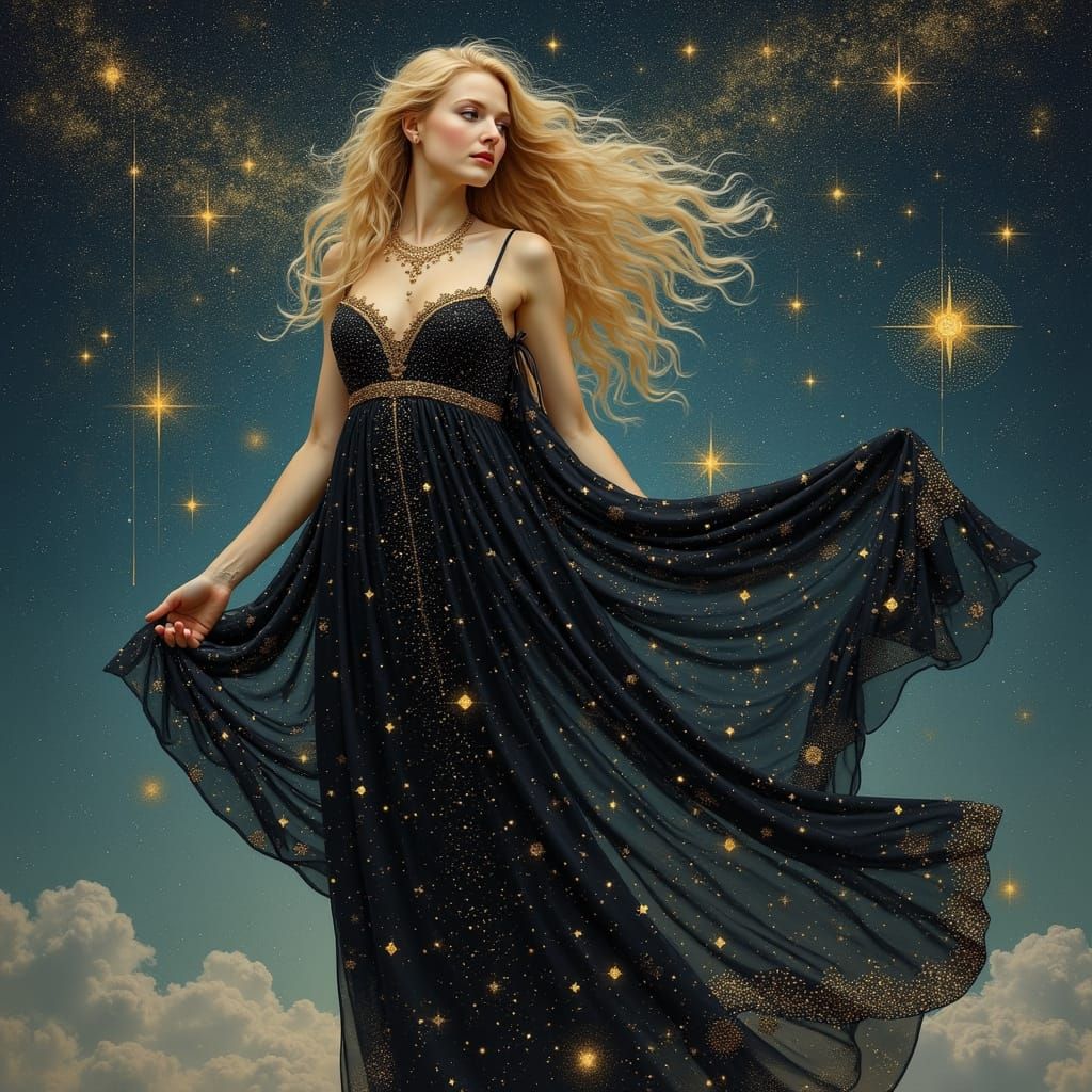 Celestial Goddess in Elegant Robe Adorned with Star Patterns