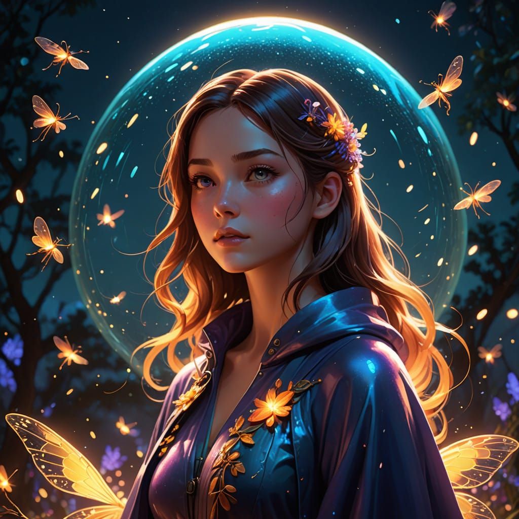 Firefly in Whirlwind of Glowing Fireflies Amidst Ethereal Fl...