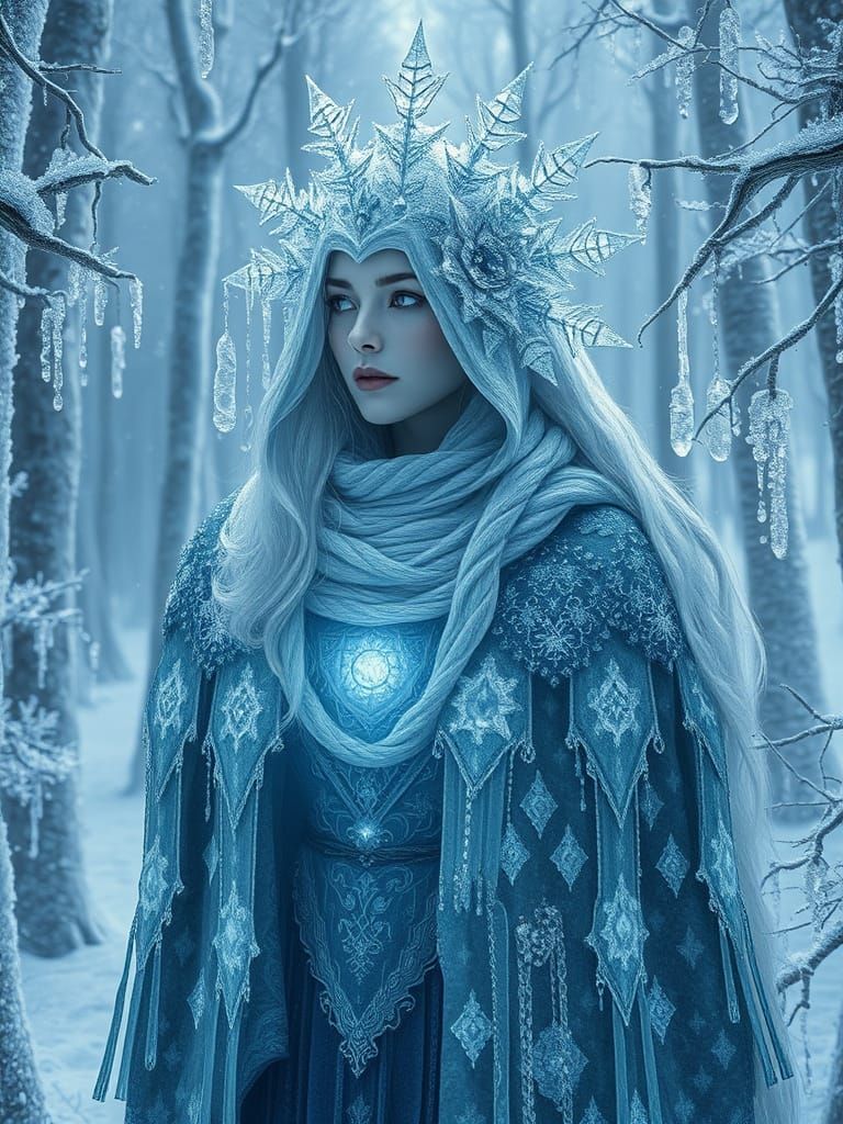 Mystical Woman of Winter in Fractal Ice Crystal Style