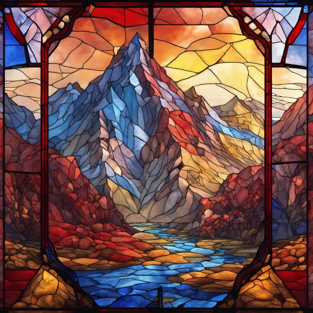 Stained Glass Mountain Scene in Red, Blue, Yellow