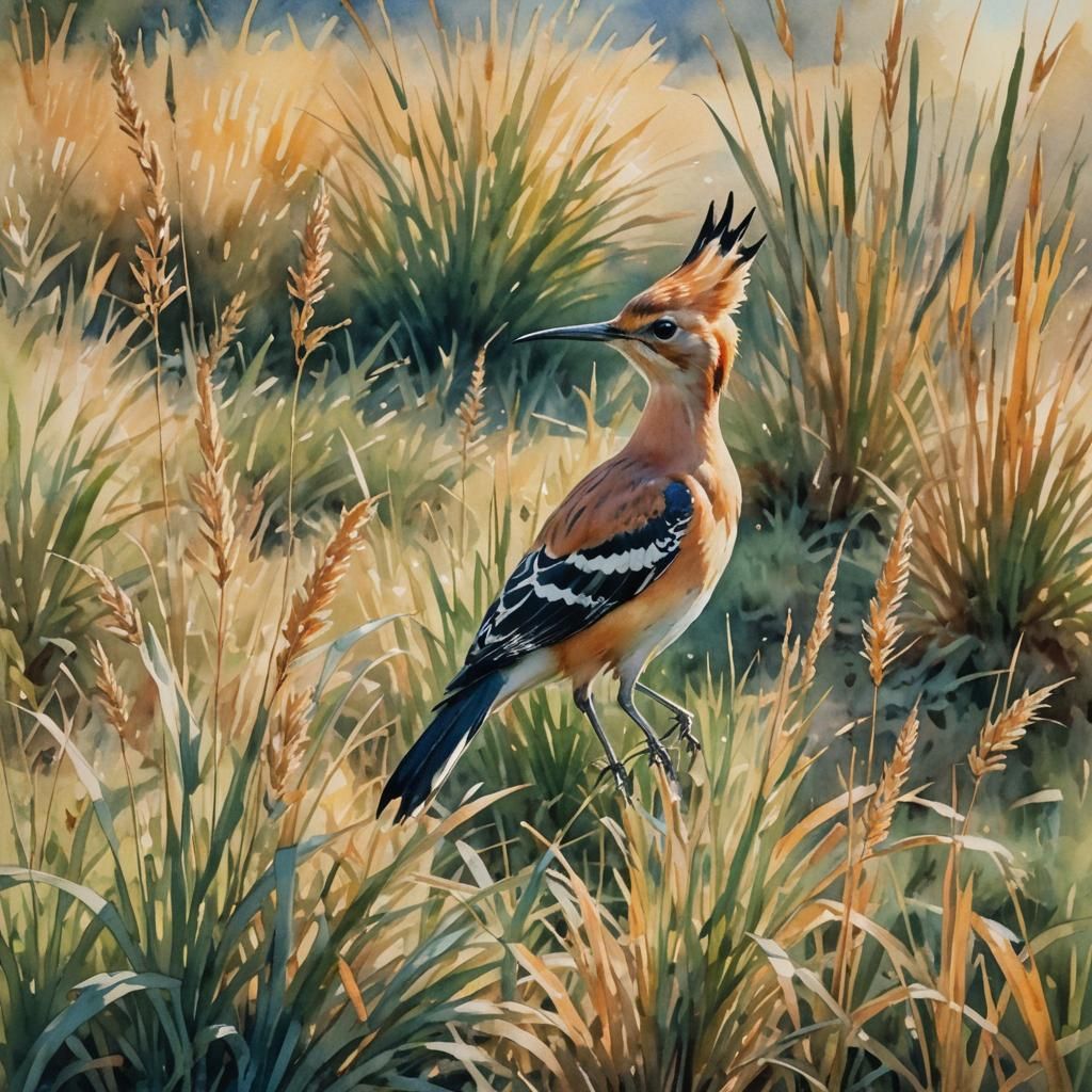 Hoopoe in Grassy Field: Post-Impressionist Watercolor