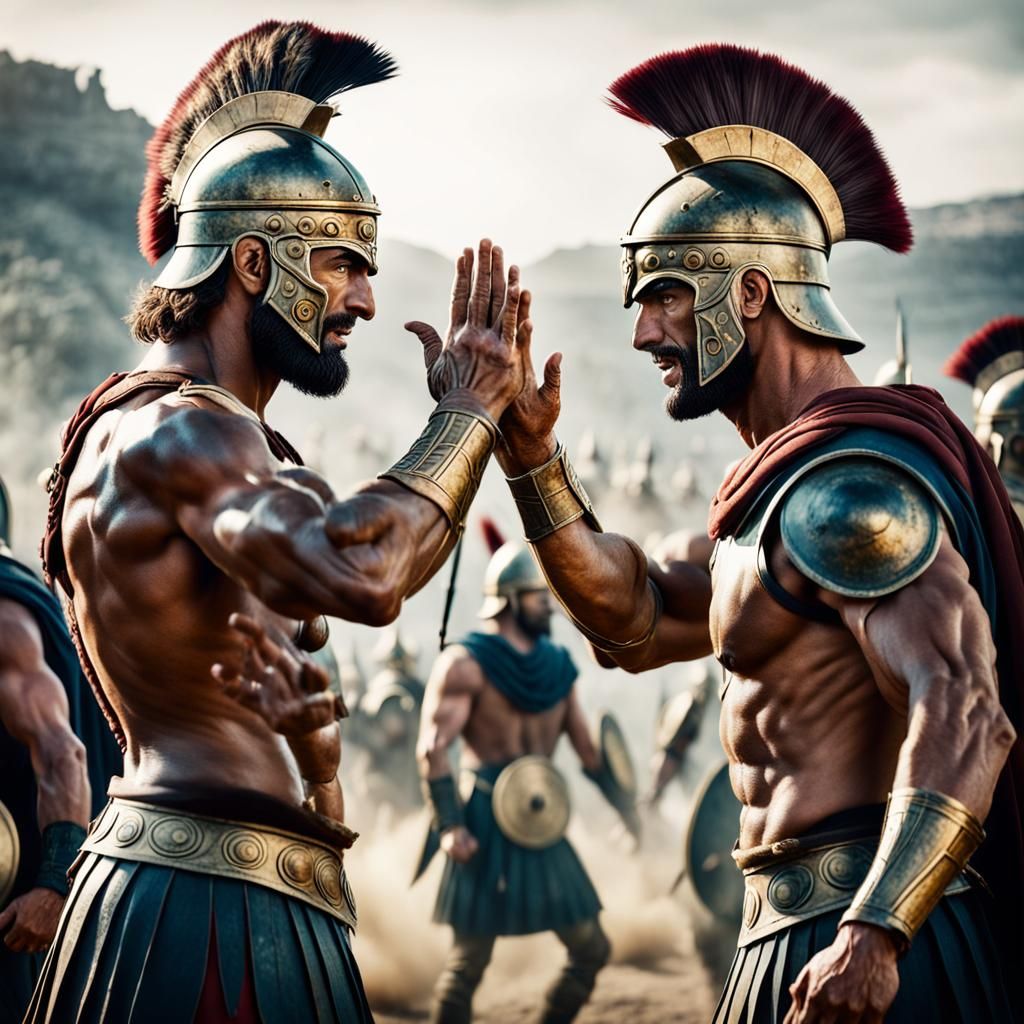 Ancient Greek Warriors High-Five on Battlefield