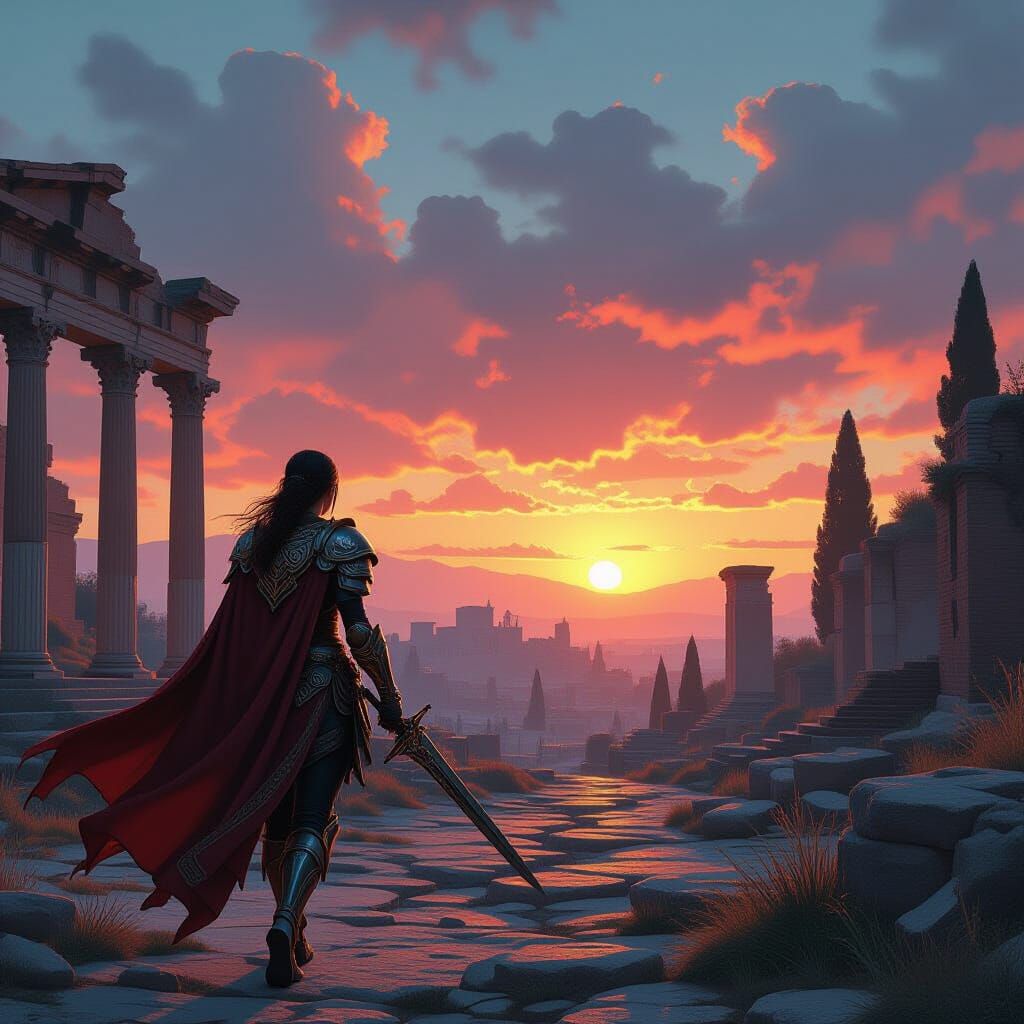 Warrior Walks Towards Ancient Ruins at Sunrise