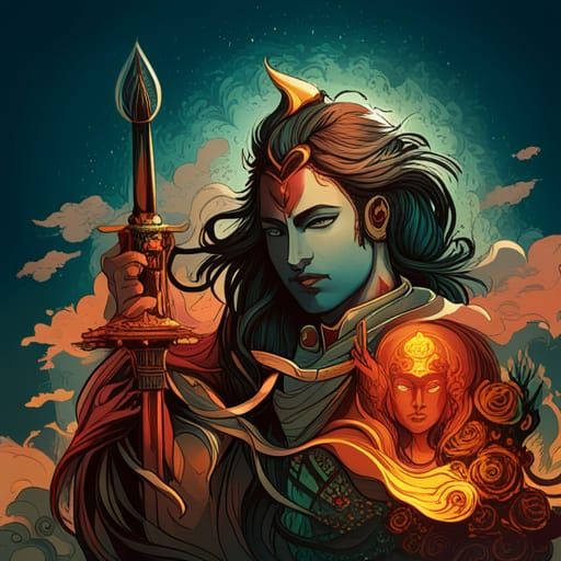 Lord Shiva Digital Painting with Golden Outlines