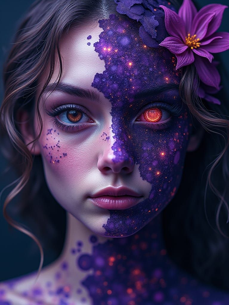 Mosaic Shattered Woman: Cosmic Surrealism in Purple