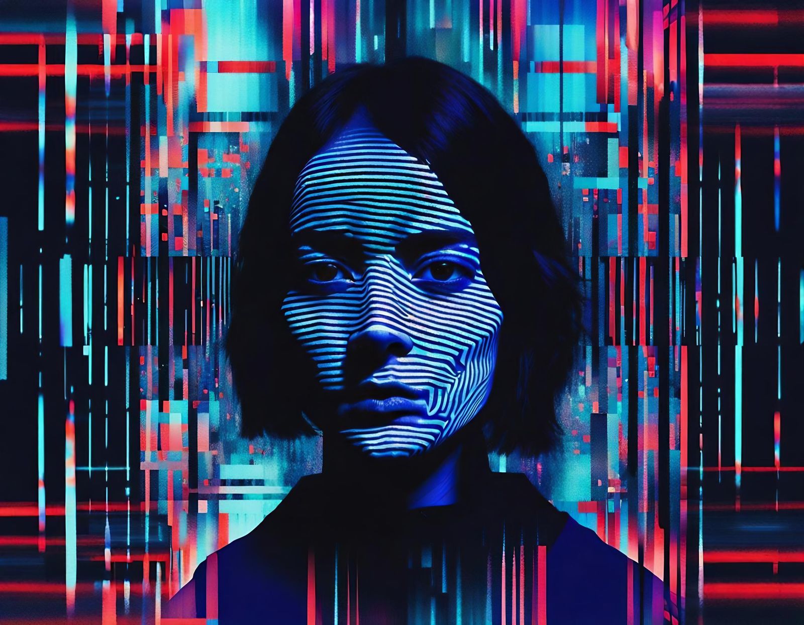 Nightmarish Glitching Portrait with Duality and Fear