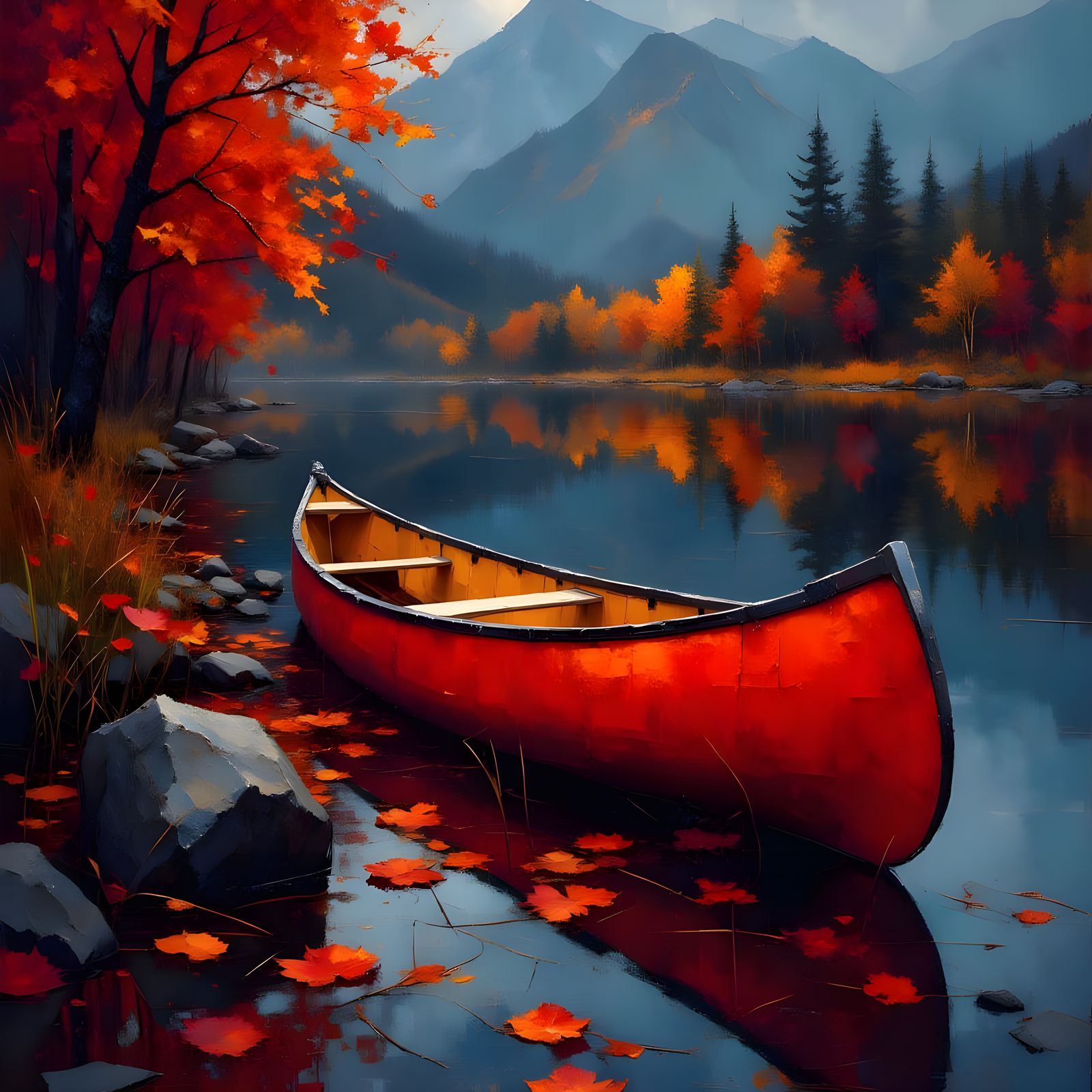 Autumn Canoe on Reflective Lake in Lava Colors