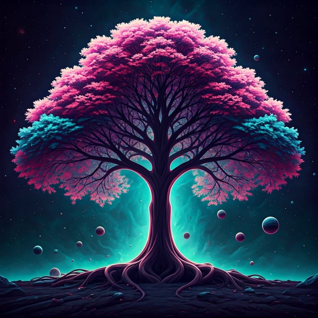 Luminous Tree in Cosmic Landscape as Digital Art