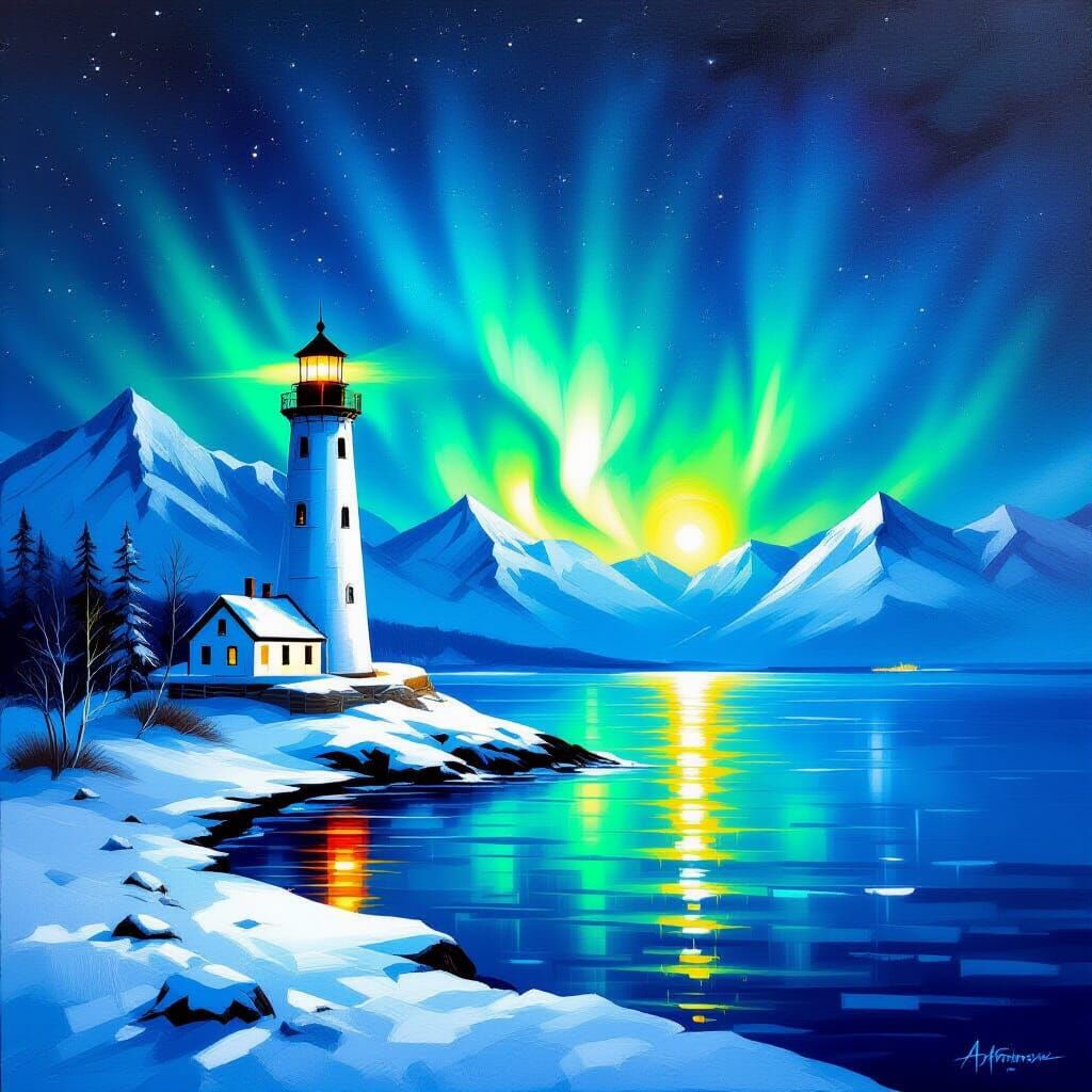Elegant Lighthouse in Aurora Borealis Winter Scene