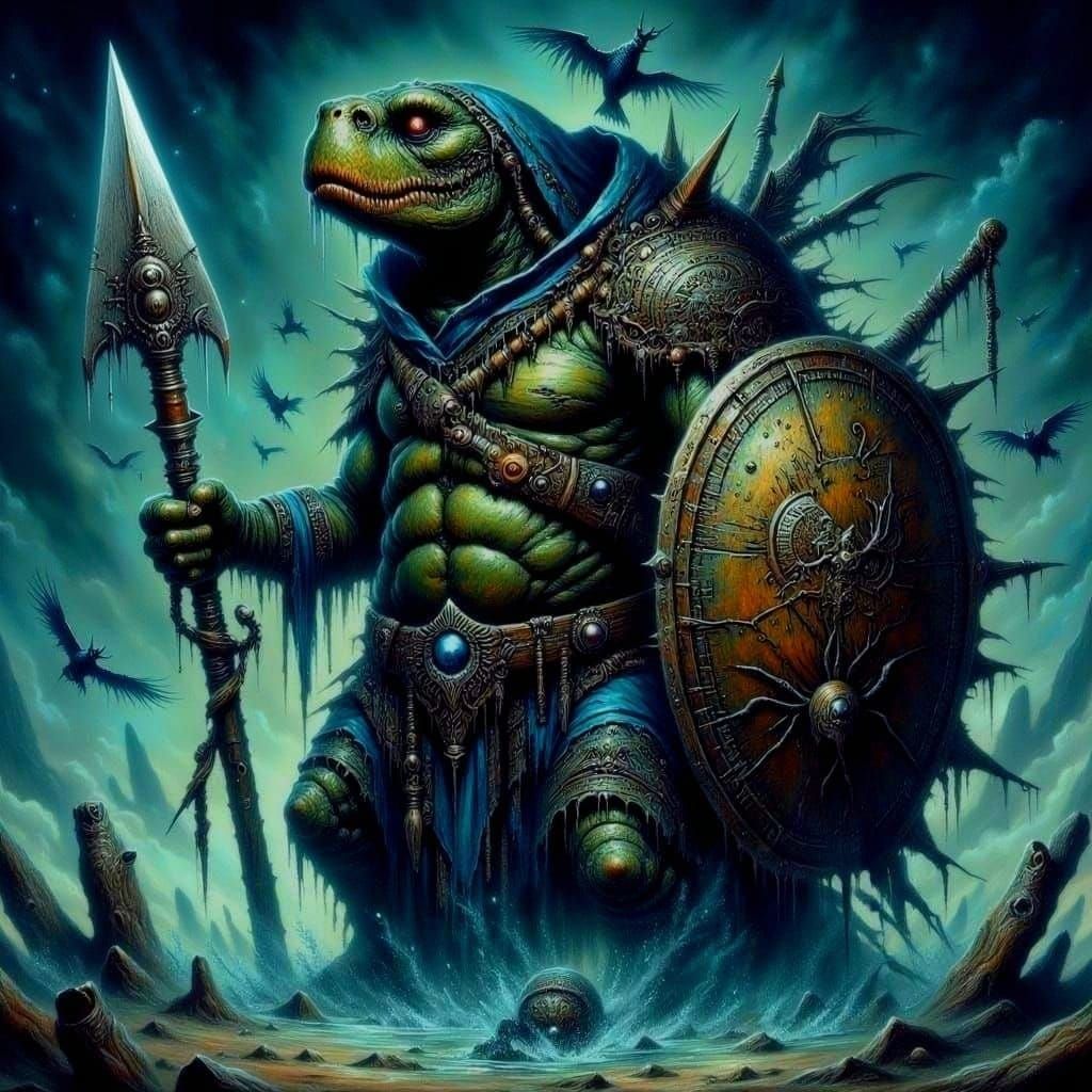 Humanoid Sea Turtle Warrior in Dark Fantasy Style