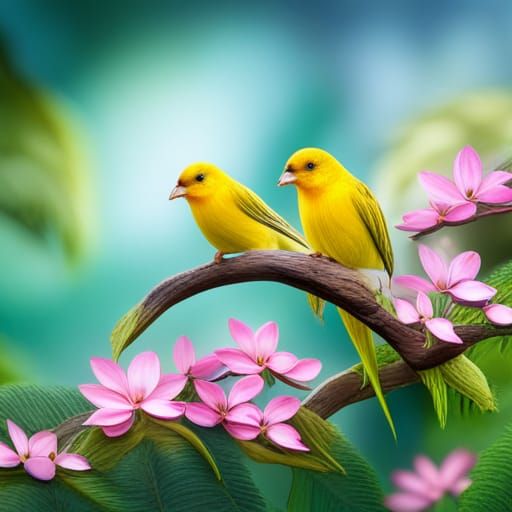 Vibrant Yellow Canaries in Tropical Jungle