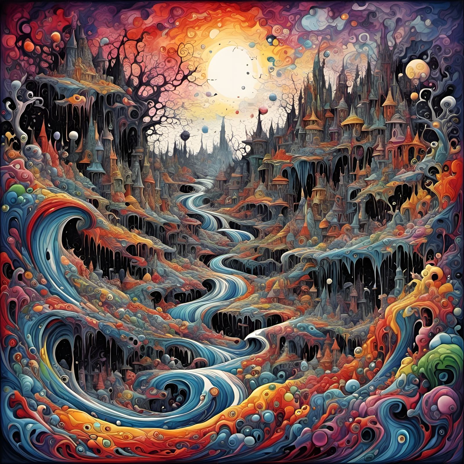 Spooky Cubist Landscape with Zentangle Patterns