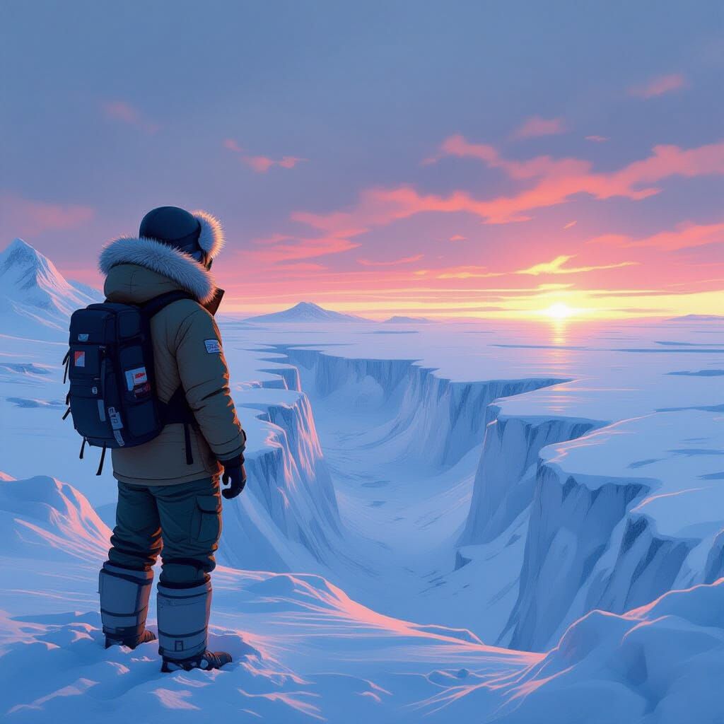 Figure at Antarctica's Ice Wall Gazing at Unknown Expanse