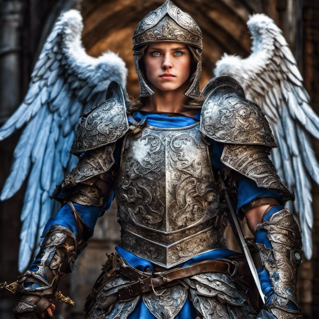 Blue-Eyed Angel in Warrior Armor