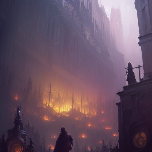 Dark Fantasy City Swarmed by Printer Creatures