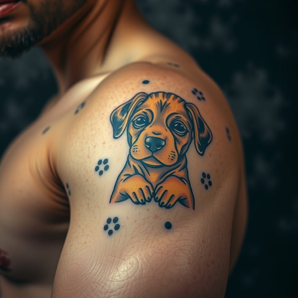 Hyperrealistic Puppy Tattoo on Arm in Cinematic Style