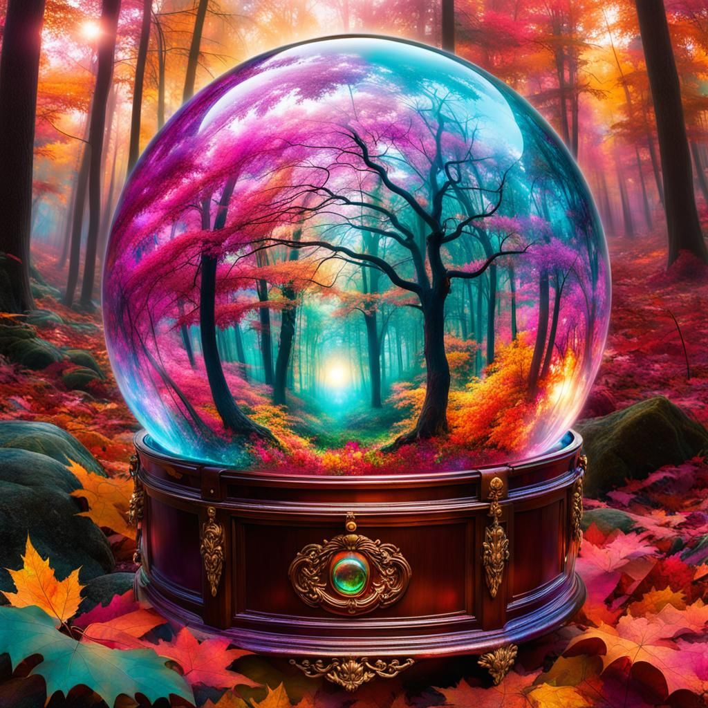 Double Exposure: Magic Sphere in Autumn Forest